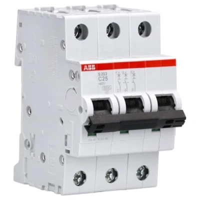 Bild av ABB S203 C25 miniatyr kretsbrytare, 3 polig, typ C, 6/10kA brytkapacitet, 25 Amp ström (2CDS253001R0254)