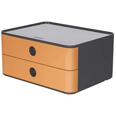 Bild av HAN Lådlåda Allison Smart Box med 2 lådor och skiljevägg, kabeldragning, stapelbar, redskapslåda för kontor, skrivbord kök, möbelvänliga gummifötter, 1120 83, högglansig karamellbrun