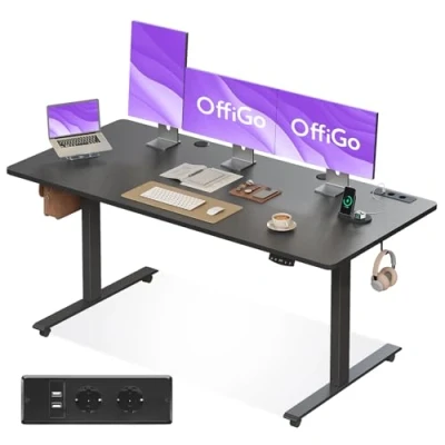 Bild av OffiGo höj och sänkbart skrivbord, 160cm, elektriskt skrivbord med USB, 2 minnesfunktioner, för kontor, hem, gaming, Svart
