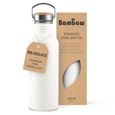 Bild av Bambaw vattenflaska i rostfritt stål 500 ml, vit vattenflaska, icke isolerad metallvattenflaska, BPA fri med bred mun, ml flaska polarvit