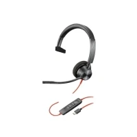 Bild av Poly Blackwire 3310 3300 series headset på örat kabelansluten USB C svart UC certifierad