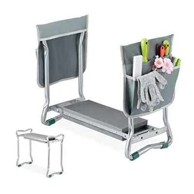 Bild av Relaxdays Knäbänk för trädgårdsarbete, skonsam, vikbar, upp till 150 kg, vadderat knästöd, 2 fickor, silver/grå