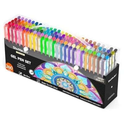 Bild av Shuttle Art 260 pack gelpennor, färger, 220 % mer bläck, 130 plus påfyllningar, blandade glitter, neon, pastellmetall, idealisk för vuxna, målarböcker, klotter, ritning, skrivande