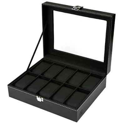Bild av H&amp;S Glaslock 10 klockarmband smyckesdisplay förvaringsbox fodral armbandsbricka fuskläder svart för män kvinnor klockvisningsfodral smyckeskrin klockbox smyckesarrangör