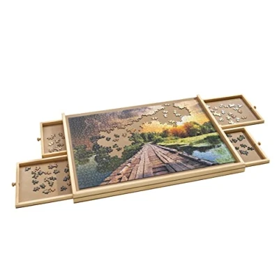 Bild av Spetebo Pusselbräda i trä med 4 lådor, 70 x 50 cm, pusselunderlägg för upp till 1 000 bitar, utdragbart pusselbord