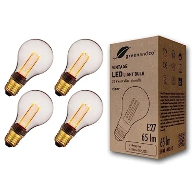 Bild av greenandco 4x dimbar LED lampa dekorativ vintagestil E27 A60 klar 2,3 W 65lm 1800K mycket varm vit 320 230 V inget flimmer
