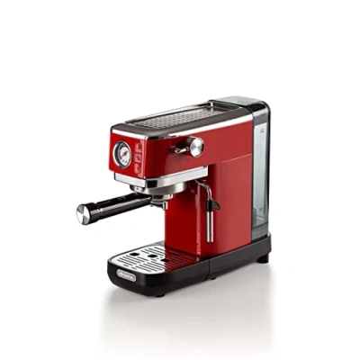 Bild av Ariete Espresso Slim Metal 1381, kaffemaskin med manometer, kompatibel kaffepulver och ESE kuddar, 15 bar Maximum, 1 eller 2 koppfilter, cappuccinomunstycke, 300 W, röd