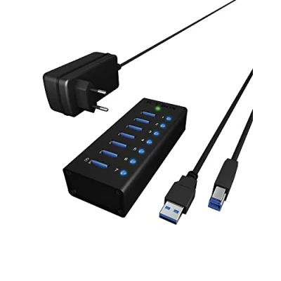 Bild av ICY BOX 7 vägs USB 3.0 hubb med 12 V/3 A strömadapter, aluminiumhölje och laddningsport, IB AC618