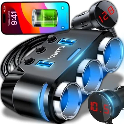 Bild av Retoo Billaddaradapter med 3 fack och 2 USB uttag, cigarettändarutdelare för bil fack, LED multipeluttagsdelare, bilmobilladdare GPS, mobiltelefon, cam,
