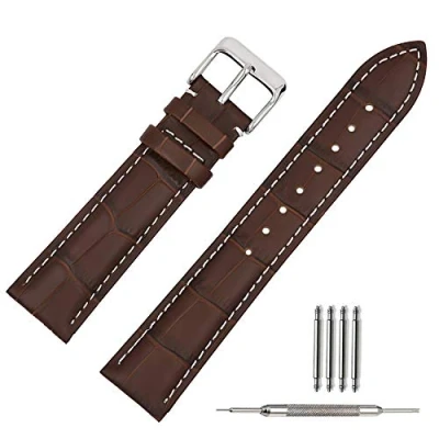 Bild av TStrap Militärt klockarmband i läder, mjukt, svart, brunt, alligator, för män och kvinnor, spänne smartklocka, 14,16, 18, 19, 20, 21, 22 samt 24 mm, Brun/vit söm, 19mm