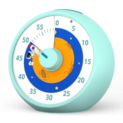 Bild av Visuell Timer för barn, 60 minuters nedräkningstimer klassrum, skrivbordstimer barn Tidshanteringsverktyg med tyst drift, Pomodoro Planet Rocket Pattern Blue