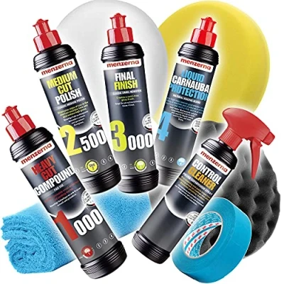 Bild av Detailmate Bilpoleringsset Menzerna bilpolering 250 ml: Super Heavy Cut 1000 Medium 2500 + Final Finish 3000 Liquid Carnauba vax 3 x poleringsdyna mikrofiber polerduk m band
