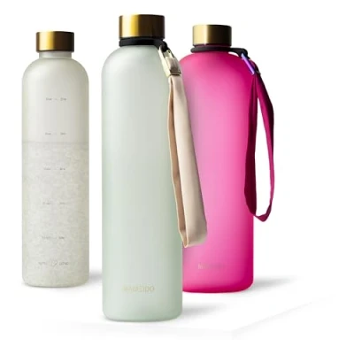 Bild av MAMEIDO dricksflaska 1l kolsyra lämplig, läckagesäker med tidsmarkör som drickspåminnelse, vattenflaska BPA fri för sport (Desert Sage Gold, 1000ml)