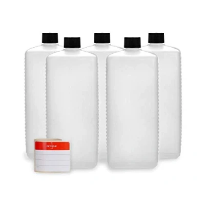 Bild av Octopus 5 x 1 000 ml plastflaskor, HDPE plastflaskor med svarta skruvlock, tomma flaskor fyrkantiga inkl. märkningsetiketter