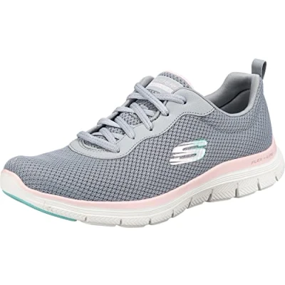 Bild av Skechers Flex Appeal 4.0 lysande Vie Dam Sneaker Low Top Trainers, Grå mesh ljus rosa trim, 41 EU