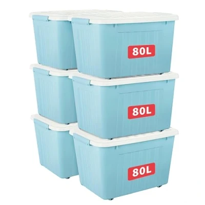 Bild av Cetomo 80 L x 6 förvaringslådor med hjul, plastförvaringslåda lock, spärrspännen, klickstängning, stapelbar, kapsling, hållbar organisatör för hemmakontorskläder, blå, pack