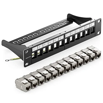 Bild av deleyCON 12 Portar Patchpanel Set Modulärt 1 U 10&quot; Tum Rackinstallation + 12x RJ45 Keystone Moduler CAT6a Kompatibel med CAT5 CAT6 CAT7 LAN Nätverkskabel Installationskabel Svart