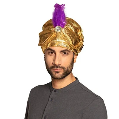Bild av Boland 81015 Turban Sultan Selim guldfärger, pärlsmycken, fjädrar, vit smyckessten, tygmössa, en storlek, elastiskt band, karneval, temafest, utklädnad, teater, tillbehör