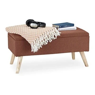Bild av Relaxdays, Brun sittbänk med förvaringsutrymme, vadderade, träben, soffbänk, tygskydd, H x B D: 39,5 79,5 cm, 1 styck