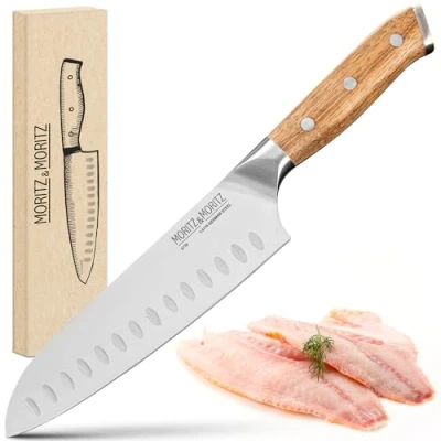 Bild av Moritz &amp; Santoku kniv 18 cm japansk professionell kockkniv med extra vasst blad kökskniv för kött, sushi etc. ergonomiskt handtag av akaciaträ tyskt knivstål