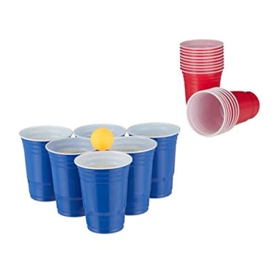 Bild av Relaxdays 10032656 ölpong mugg set, öl Pong set med 6 bollar, 50 koppar, drickspel, festmugg 40 g, röd/blå, drickspel &quot;Beer spel återanvändbara koppar + bollar&quot;