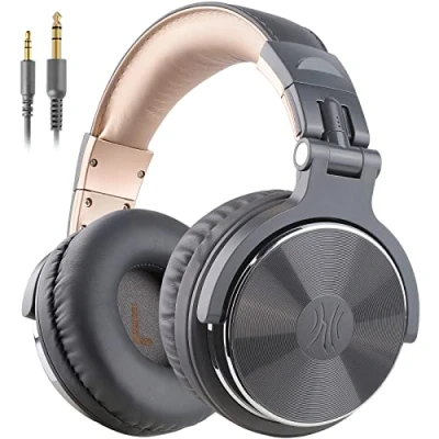Bild av OneOdio Over Ear hörlurar studio trådbundna basheadset med 50 mm drivrutin, hopfällbara lätta Shareport och mikrofon för DJ inspelningsövervakning, blandning, podcast gitarr, PC TV (gyllene grå)