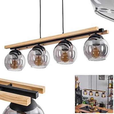 Bild av Podre hängande lampa, modern lampa av metall/trä/glas i svart/natur/rökfärg, 4 lampig med skärm äkta glas (15 cm) och trästång, maxhöjd 129 cm, E27, glödlampor ingår ej
