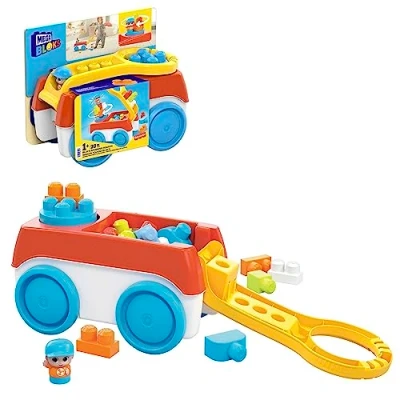 Bild av MEGA BLOKS byggsats med snurrande vagn klossar, 1 vagn, 19 stora byggklossar och Block Buddies figur, leksakspresentset för barn från år, HHN00