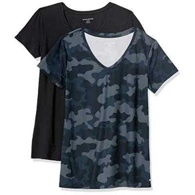 Bild av Amazon Essentials Dames Tech stretchig kortärmad V ringad T shirt (finns i plusstorlek), 2 Pack, Marinblå Kamouflage/Svart, S