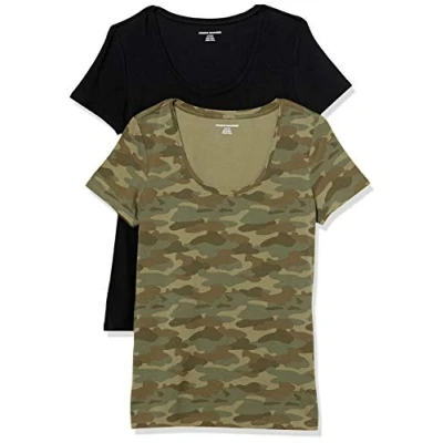 Bild av Amazon Essentials dam klassisk passform kortärmad rund hals t shirt (finns i plusstorlek), paket med 2, svart/grön camo, medium