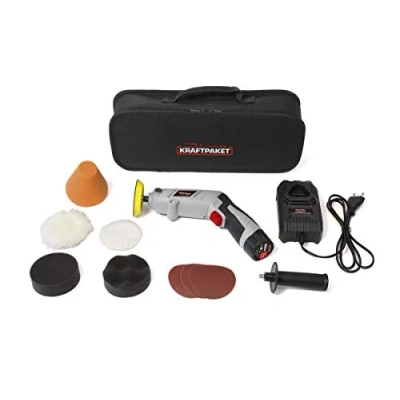 Bild av Dino KRAFTPAKET 640256 10,8 V batteri polermaskin, multiplex 75 mm tallrik 6003 000 varv/min med vridbart hölje för stång eller pistolform. Komplett set kuddar poleringsplatta snabbladdare,