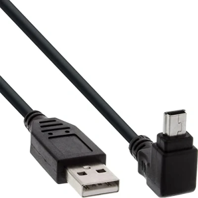 Bild av InLine 34105 USB 2.0 minikabel, kontakt A till mini B (5 pol) vinklad ovantill 90 , svart, 0,5 m