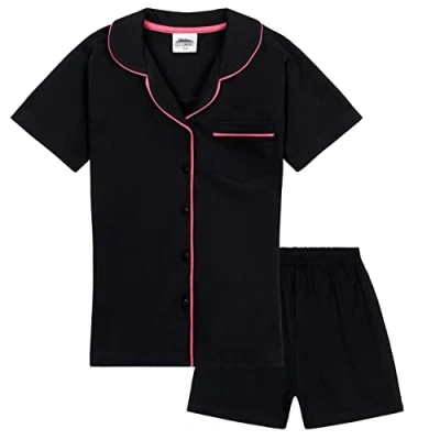 Bild av CityComfort Pyjamas Flickor Sommar, Kort Flicka, Set med 2 Stycken Kortärmad T shirt Knappar Och Kort, Kläder Flicka Tonåring Sommar Bomull 5 14 År, Svart/rosa, 9 10 år