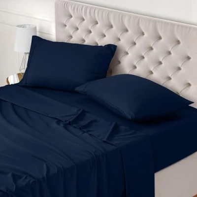 Bild av Utopia Bedding 4 Delat Sänglakanset 150x200 Enkel Skötsel Mjukt Borstat Mikrofibertyg Platt Lakan, Dra på lakan Med 2 Örngott 50x75, Marinblå