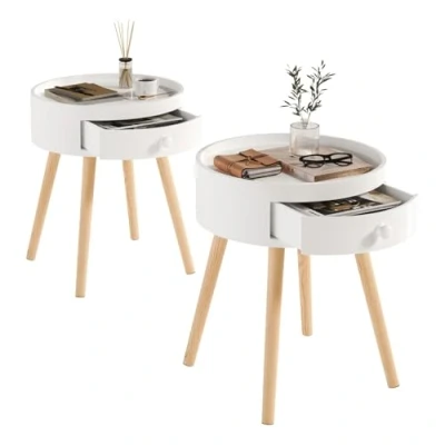 Bild av WOLTU Sängbord, uppsättning av 2, sidobord, nattduksbord, soffbord, med låda, ben, trä, MDF, vit, TS111ws 2