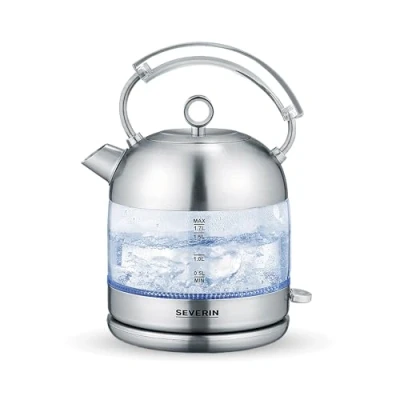 Bild av SEVERIN Retro Glass Kettle, kraftfull och kompakt vattenkokare i högkvalitativ retrodesign, elektrisk vattenkokare, glas/borstat rostfritt stål, WK 3459
