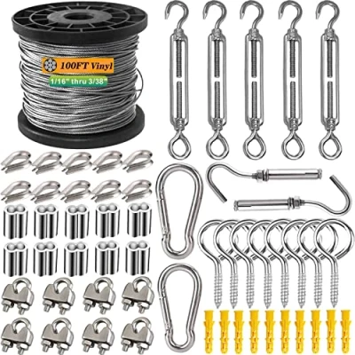 Bild av 1/16 vajer rep kit, 304 rostfritt stål vajer, 7 x trådkärna 30 m vinylbelagd flygplanskabel, utomhus ljusslingor hängande Kit med vantskruvar för trädgård kabeltråd, Guy Wire