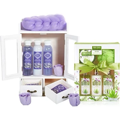 Bild av BRUBAKER Cosmetics 2in1 Vårdset Lavendel &amp; Aloe Vera Stort 15 Delat Wellness Set Dusch och Badset för Damer Kvinnors Skönhetspresent i Dekorativt Träskåp