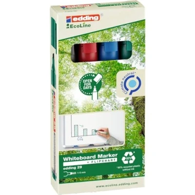 Bild av edding 29 Ecoline whiteboardmarker set svart, röd, blå, grön 4 pennor snedskuren spets 1 5mm torkas bort utan vatten för whiteboard, blädderblock, anslagstavla, memo tavla går att fylla på