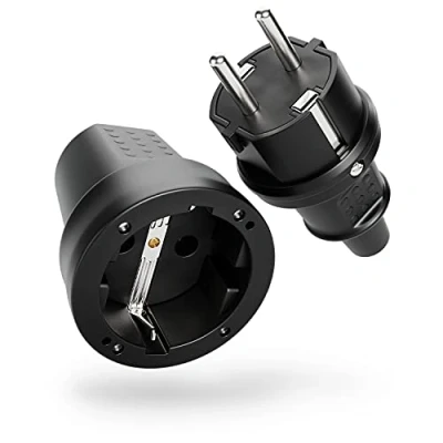 Bild av greate Schuko kontaktkoppling 230 V utomhus gummiplugg koppling set med böjskydd, 2 polig, V, 16 A &amp; 3,7 kW IP44 kontakt och svart för utomhusbruk