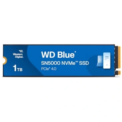 Bild av WD Blue SN5000 1 TB SSD, läshastigheter upp till 5150 MB/s, NVMe intern PCIe Gen4, gratis Acronis True Image datamigreringsprogramvara, solid state enhet.