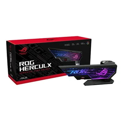 Bild av ASUS ROG Herculx Stöd för grafikkort, Verktygslös montering, Bekväm integrerad nivå, Zinklegeringskonstruktion, Justerbar höjd från 72 till 128mm, Aura Sync, Svart