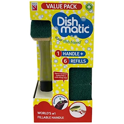 Bild av Dishmatic Value Pack Kit 1 x påfyllningsbart tvättmedelshandtag med 6 utbytbara svamphuvuden för allmänt bruk antibakteriellt kökshandtag enkelt grepphandtag