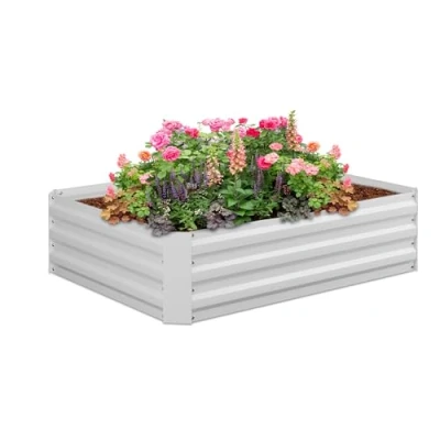 Bild av Relaxdays Förhöjd blomlåda av galvaniserat järn, trädgårdsbädd, växter, blommor, örter, HxBxP, vit, HLP: 30 x 120 90 cm
