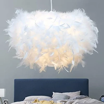 Bild av GUANSHAN 50 cm/19,8 tum halvklot vit fjäder hänge lampskärm taklampa armatur ljuskrona för vardagsrum, sovrum, matsal