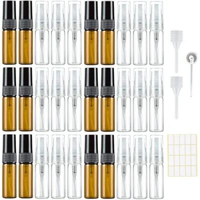 Bild av 30 stycken 3 ml parfymsprejflaska tom sprayflaska glas liten för fyllning, minipumppåsar parfymflaska påfyllningsbar parfymprover resor transparent bärnsten med pipetter presshuvud