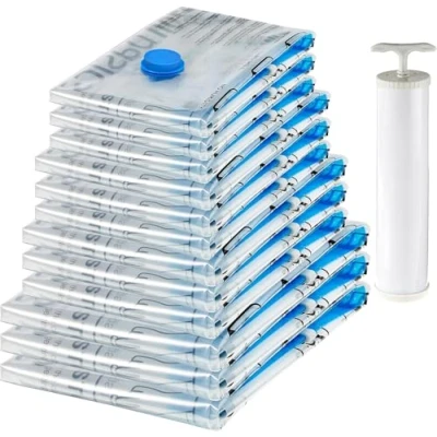 Bild av Amazon basics vakuumpåse för kläder med lufttät ventil och handpump flera, 3 x jumbo, stora, medelstor, små, 12 pack, dragkedja, transparent