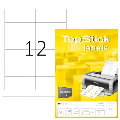 Bild av TopStick 8711 universella etiketter A4 (96,5 x 42,3 mm, 100 ark, papper, matt) självhäftande, utskrivbara, permanenta adressetiketter, 1 200 klistermärken, vit