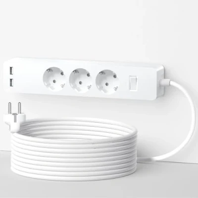 Bild av 3 vägs grenuttag 5 m med 2 USB, NTONPOWER grenuttag, väggmontering fästplatta, ingen borrning, lång förlängningskabel, överspänningsskydd, barnsäkring vit, flerdelad
