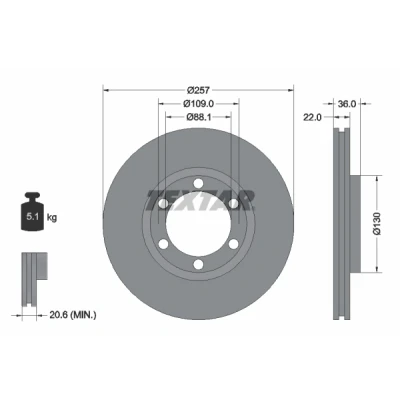 Bild av TEXTAR 92075800 Disque de frein 257 22 06/06 109 ventilé l&#039;intérieur sans boulon fix roue, moyeu roue